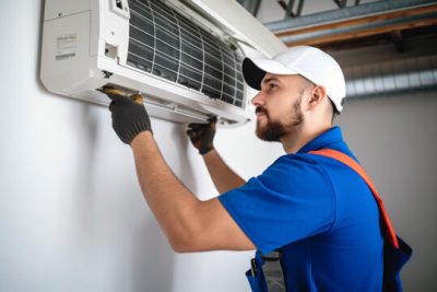 360_F_621046421_Vcay4nYa8ozdeodOQVDfES6MRrC6N3b8 Air conditioning technician servicing a wall-mounted AC unit in Phoenix, AZ