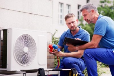 ac-installation-in-claremont-ca HVAC technicians reviewing an outdoor air conditioning unit in Phoenix, AZ